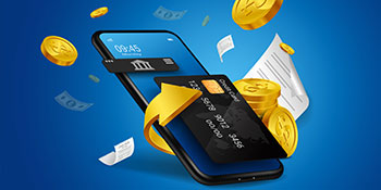 Rent Payment: Illustration of smartphone, money, and a credit card depicting rent payments.